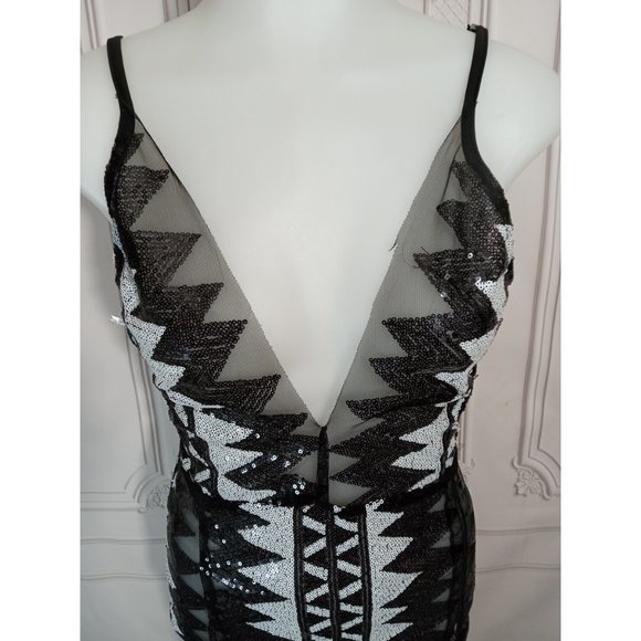 Geometric Deep Plunge V-Neck Sheer Split Bodycon Sequin Party Club Dress Sz M - Picture 3 of 9